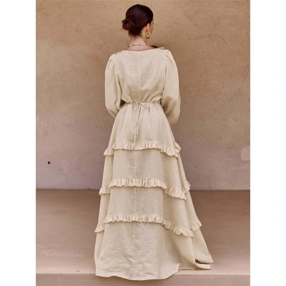 Commense Cotton & Linen Ruffled Maxi Dress Long Sleeve Button Boho Bohemian S - Picture 2 of 4